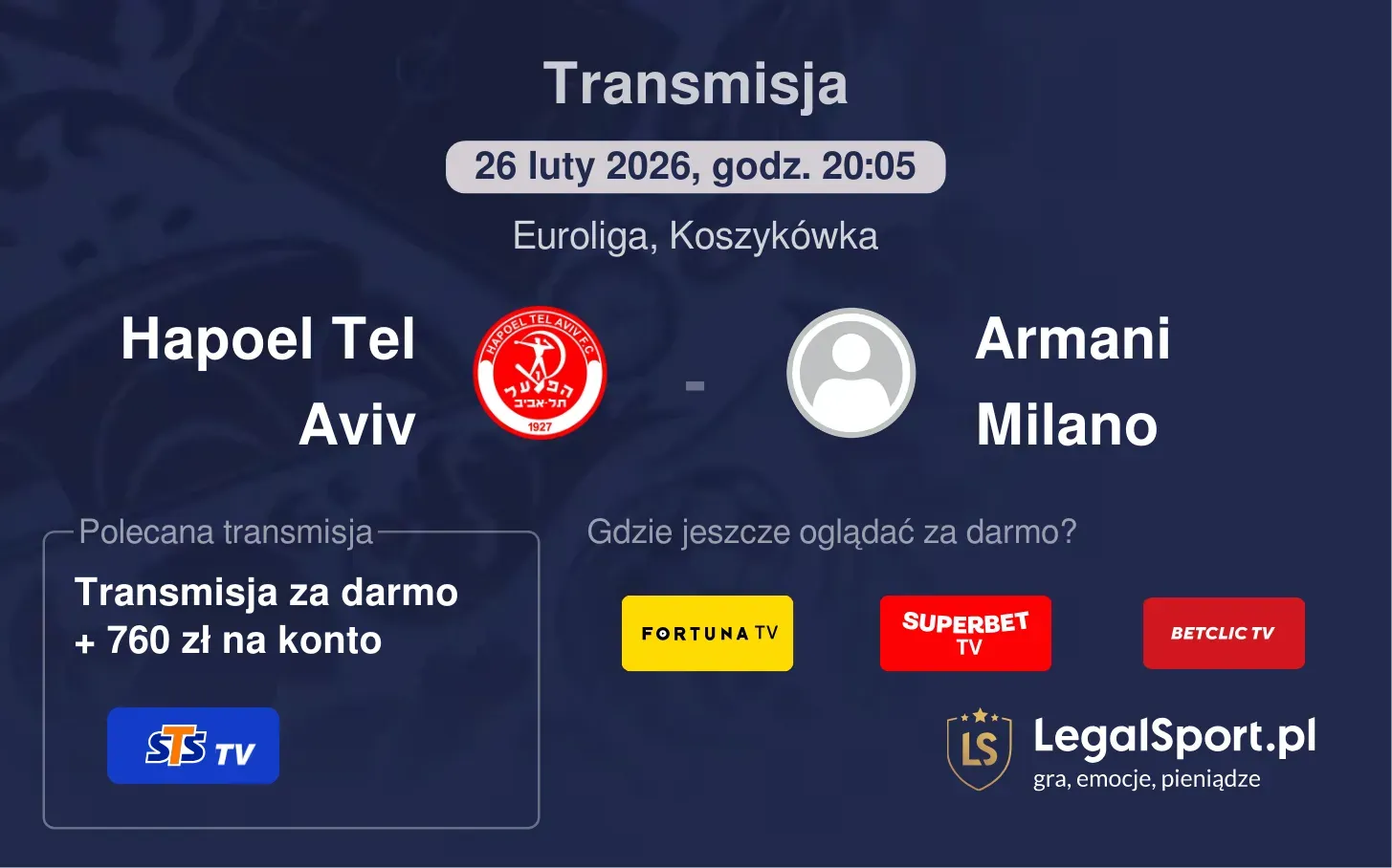 Hapoel Tel Aviv - Armani Milano Transmisje