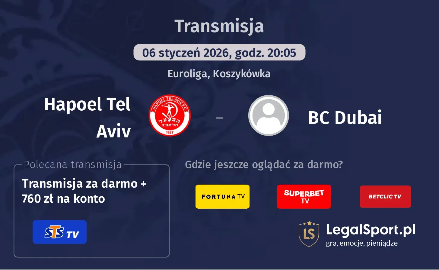 Hapoel Tel Aviv - BC Dubai Transmisje
