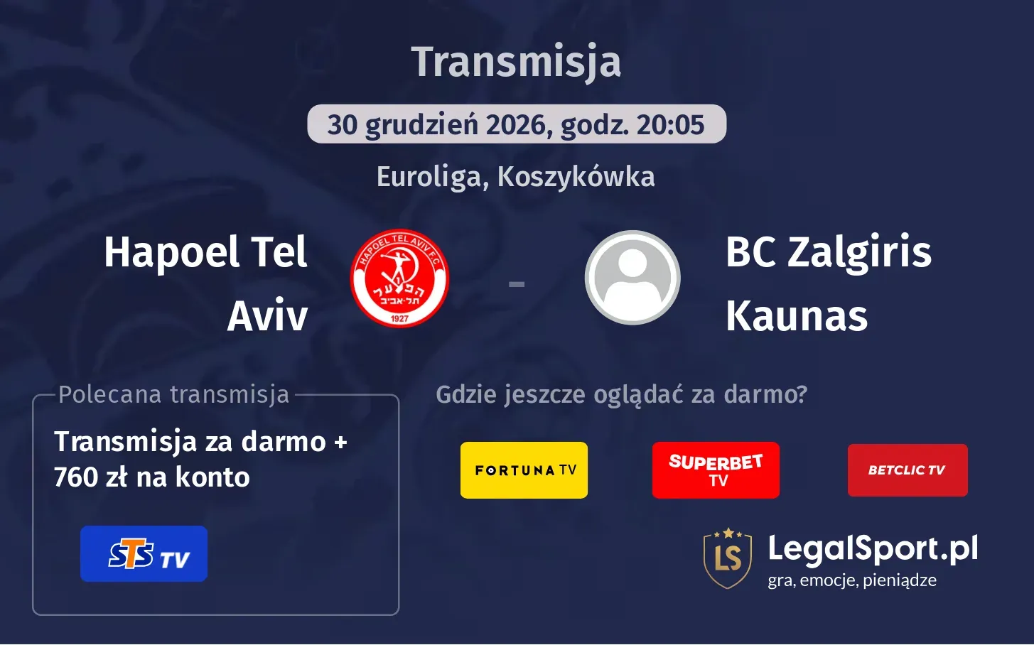 Hapoel Tel Aviv - BC Zalgiris Kaunas Transmisje
