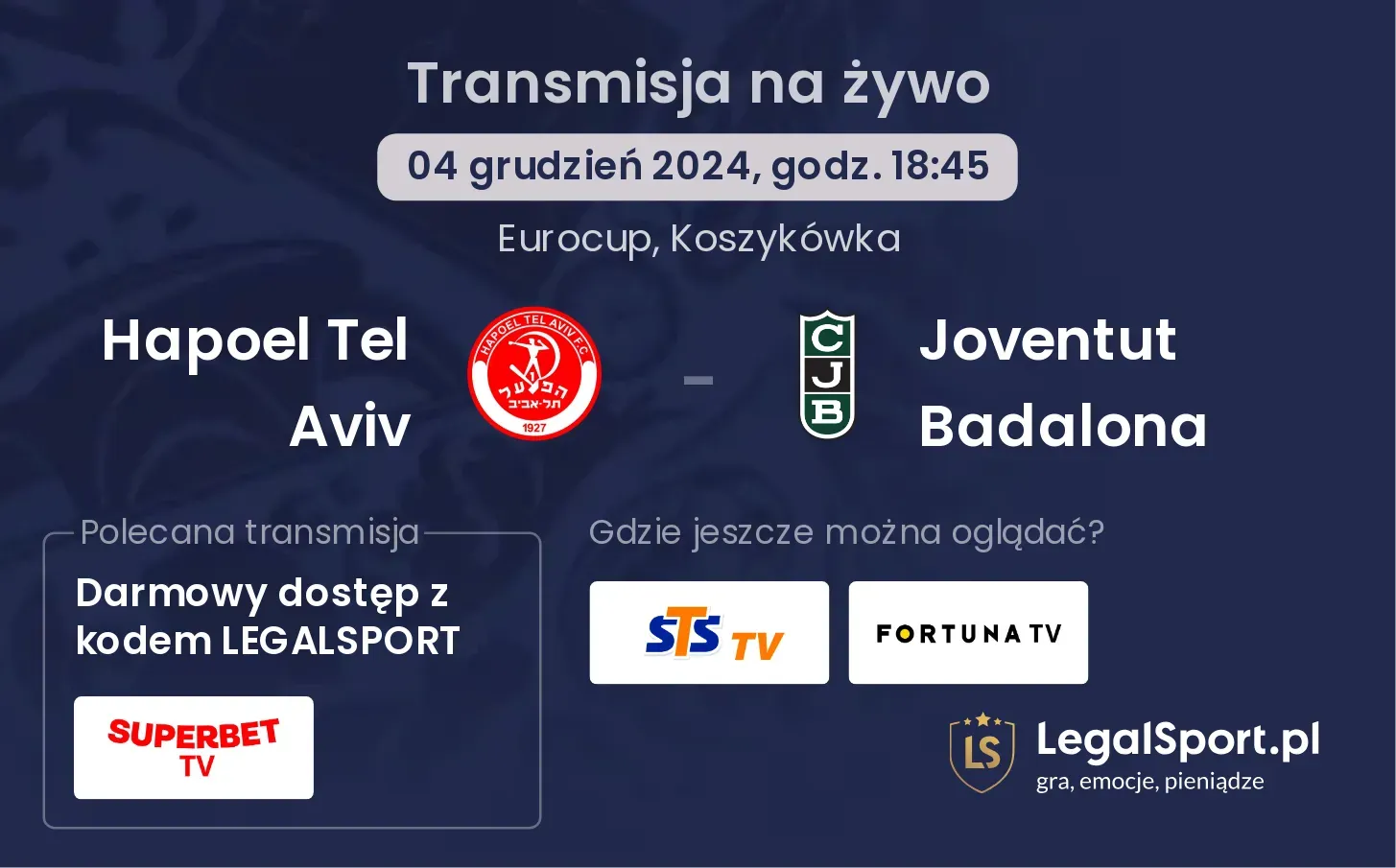 Hapoel Tel Aviv - Joventut Badalona gdzie oglądać?