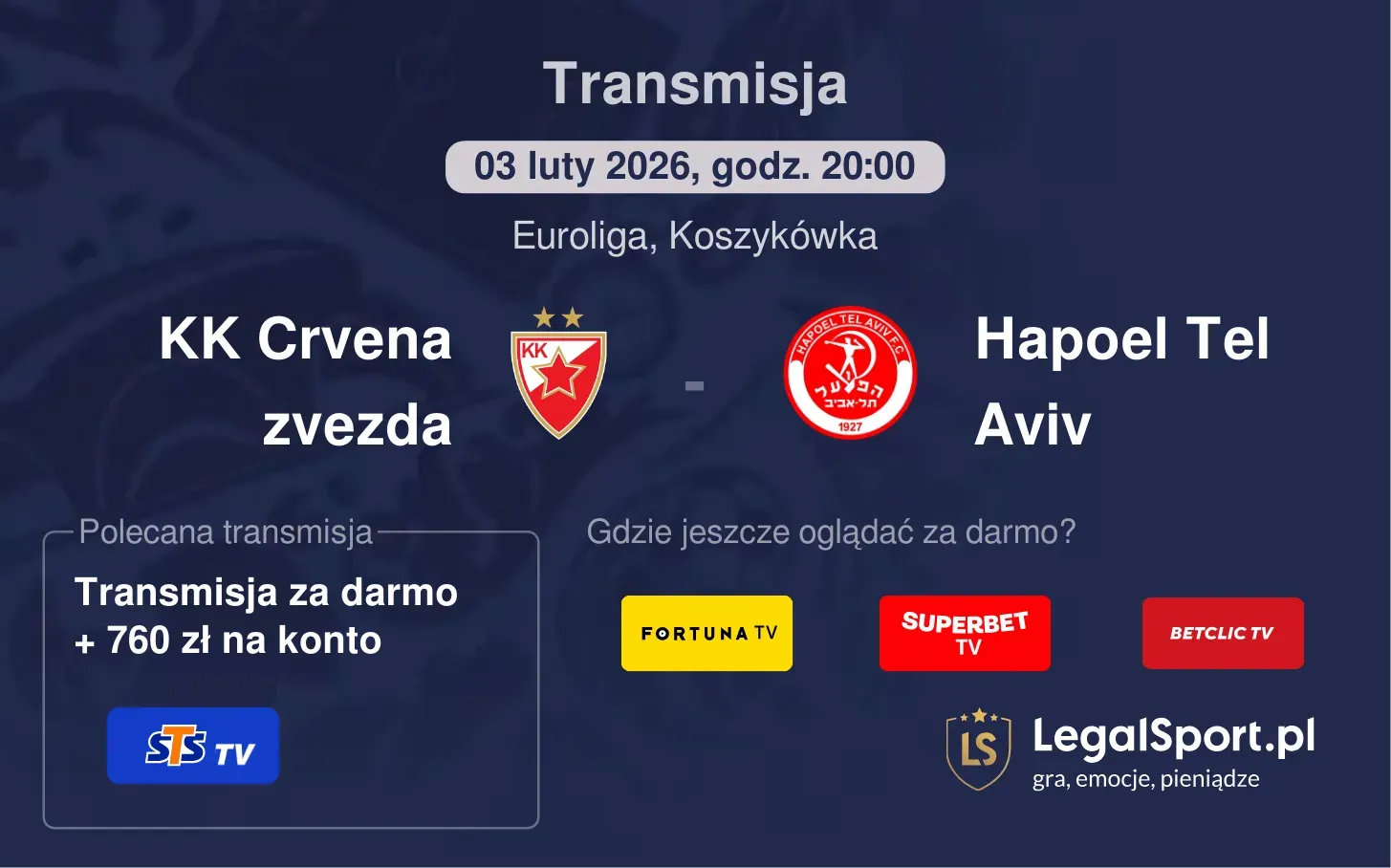 KK Crvena zvezda - Hapoel Tel Aviv Transmisje