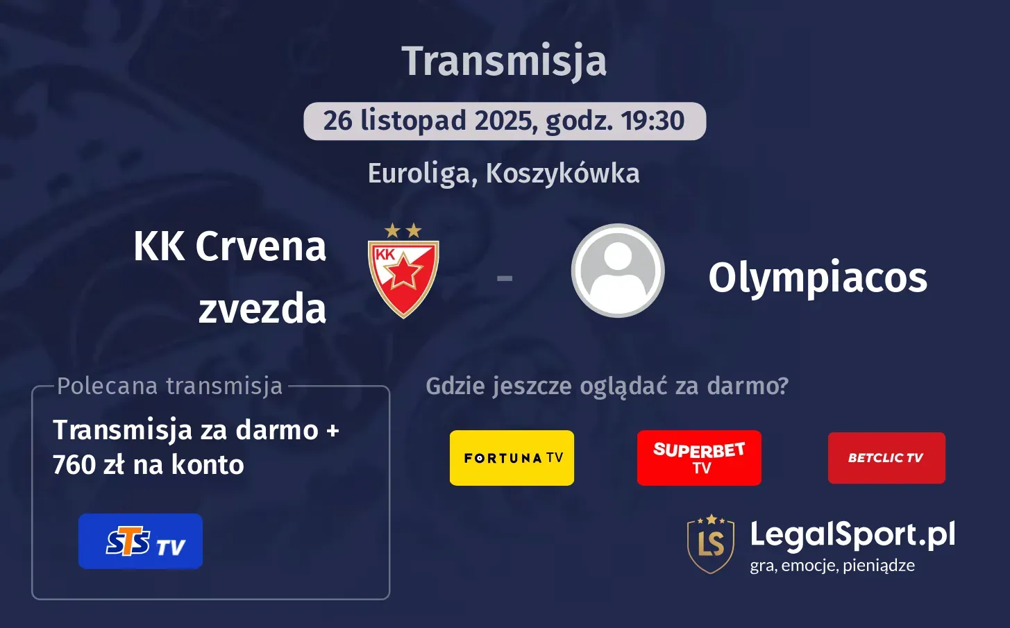 KK Crvena zvezda - Olympiacos Transmisje