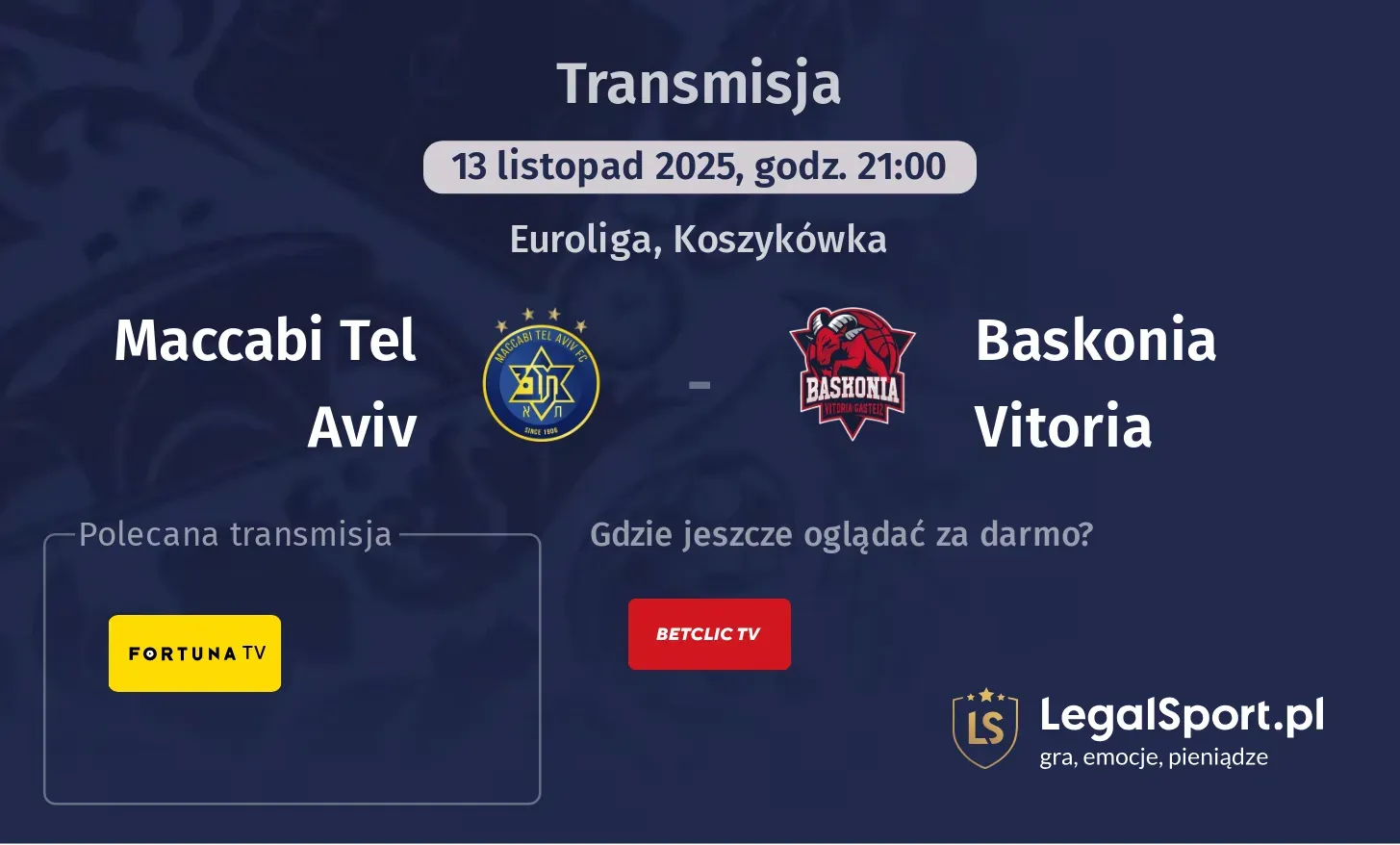 Maccabi Tel Aviv - Baskonia Vitoria Transmisje