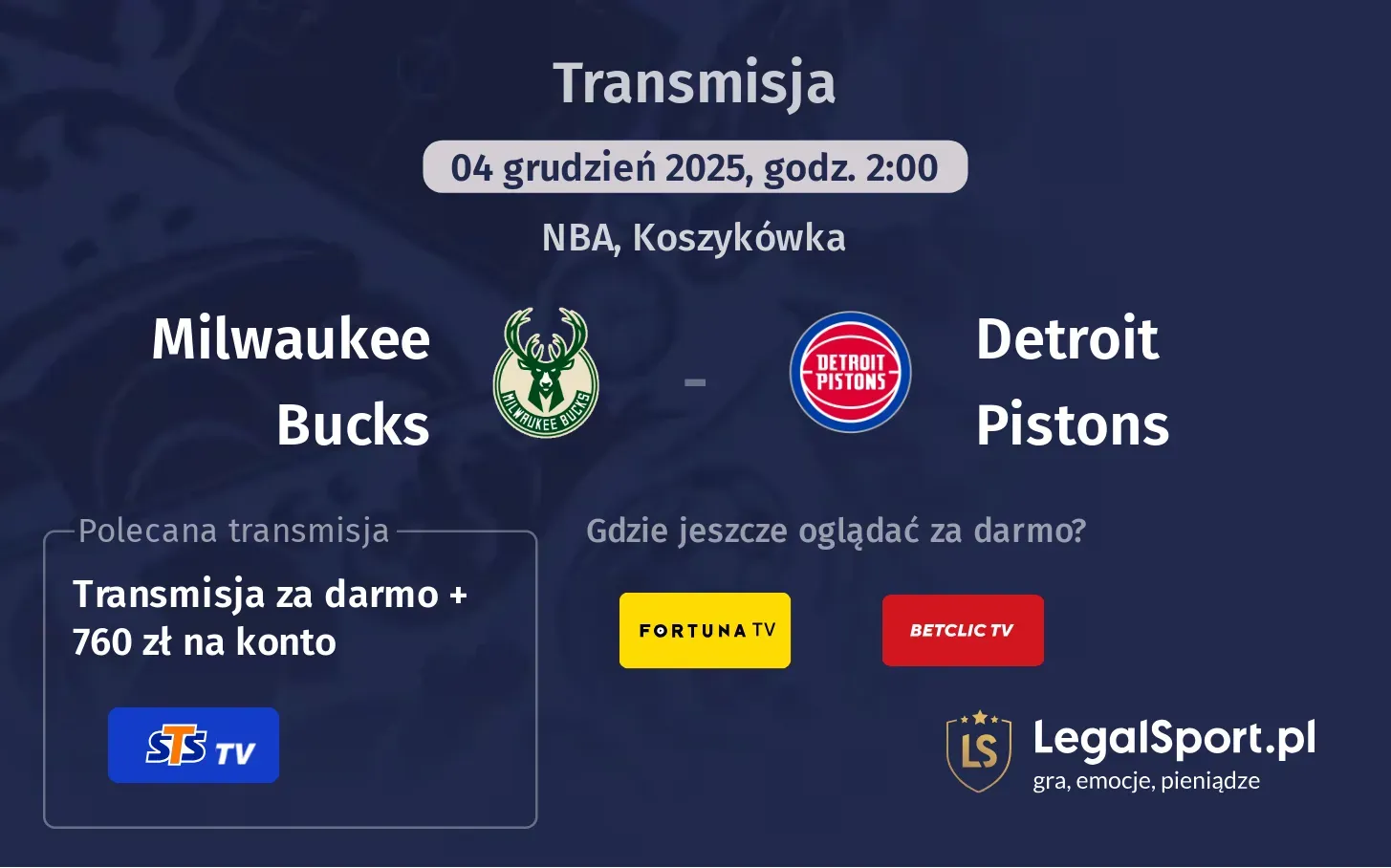 Milwaukee Bucks - Detroit Pistons Transmisje