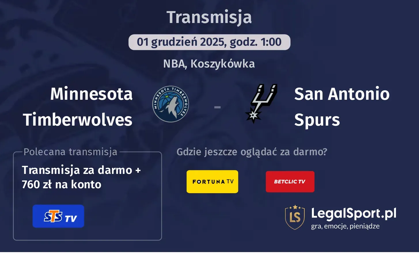 Minnesota Timberwolves - San Antonio Spurs Transmisje