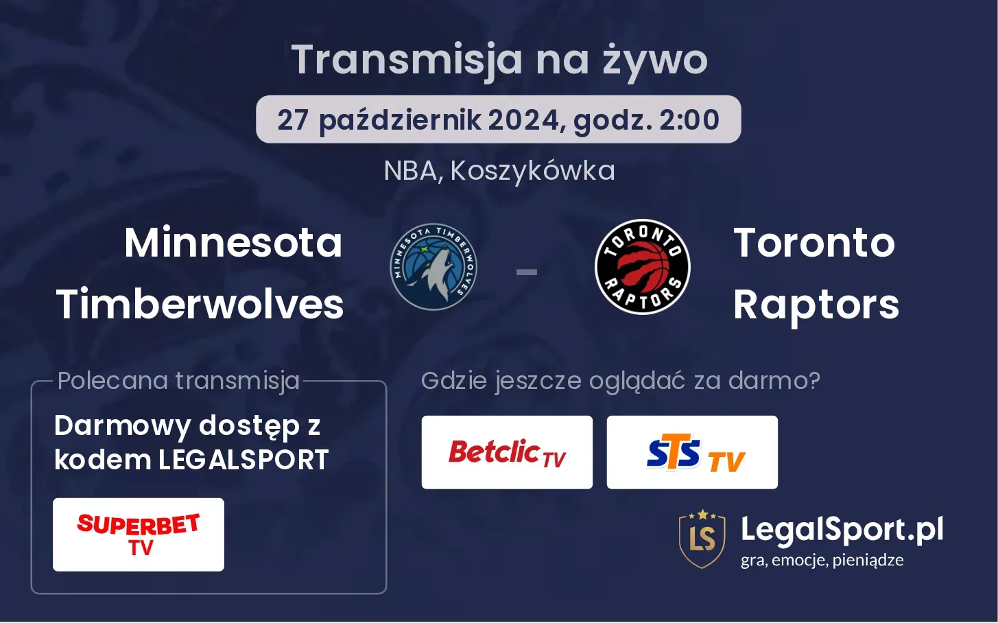 Minnesota Timberwolves - Toronto Raptors gdzie oglądać? 27.10, godz. 02:00