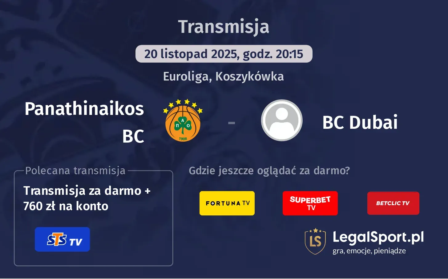 Panathinaikos BC - BC Dubai Transmisje