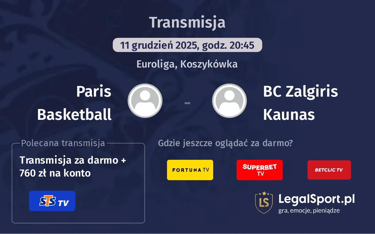Paris Basketball - BC Zalgiris Kaunas Transmisje