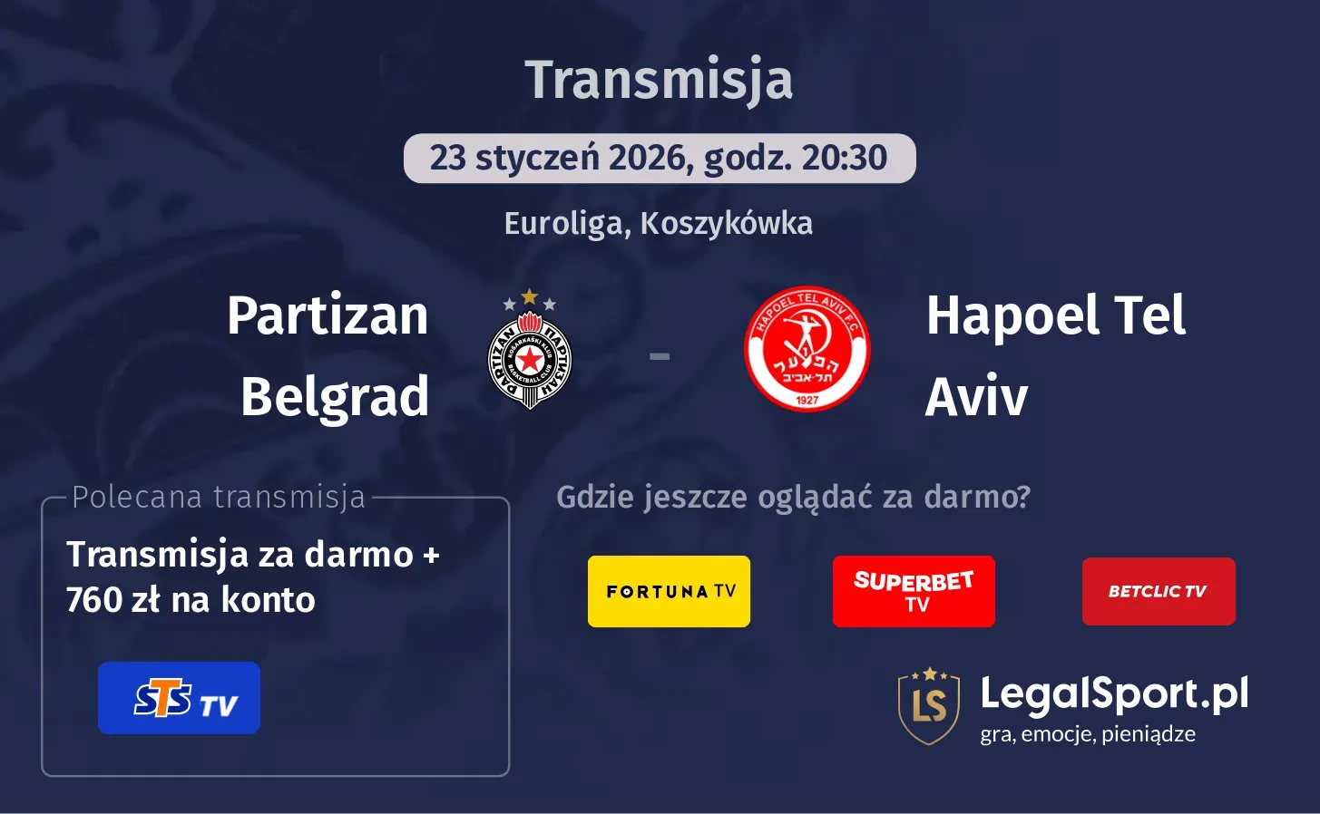Partizan Belgrad - Hapoel Tel Aviv Transmisje