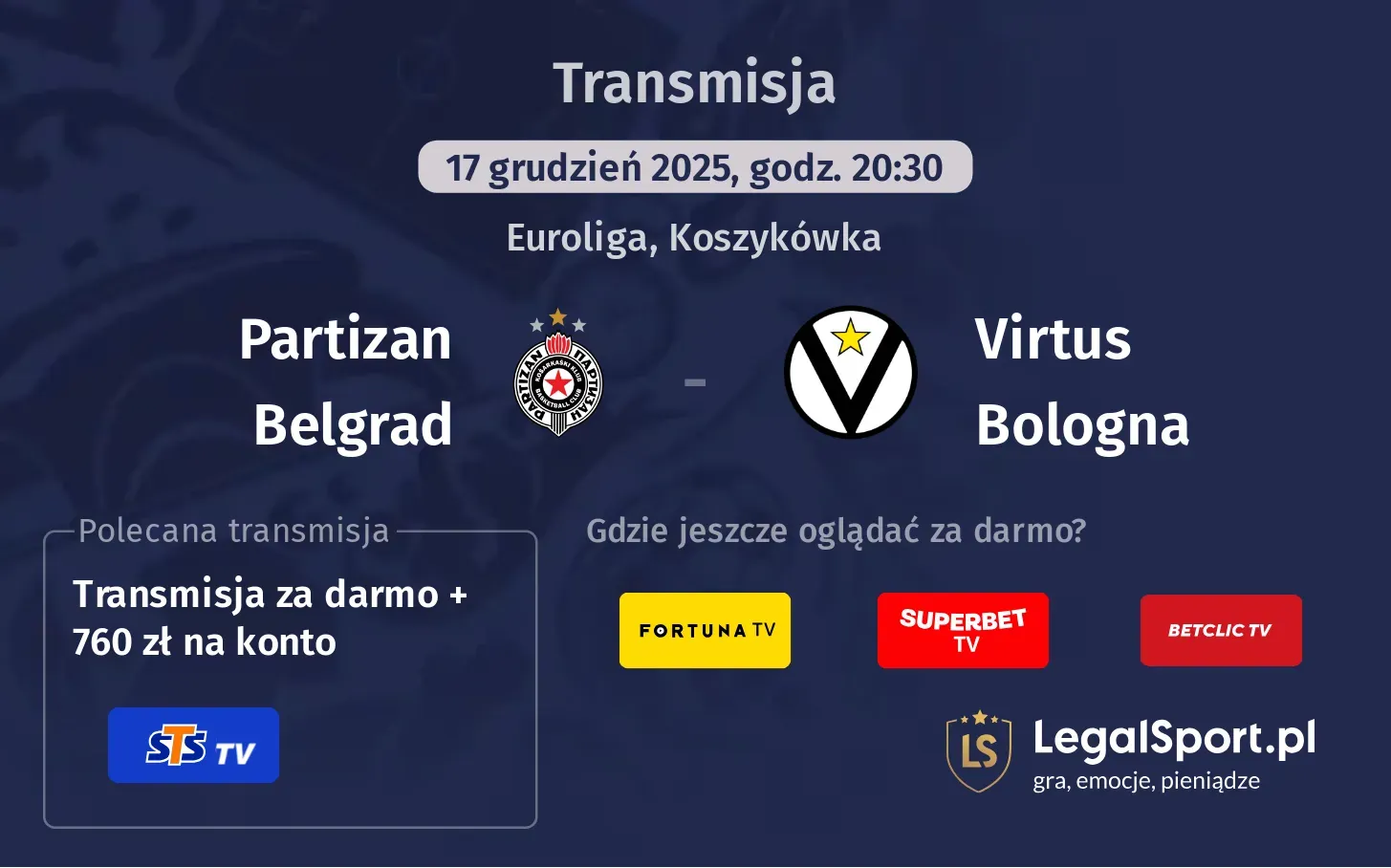 Partizan Belgrad - Virtus Bologna Transmisje
