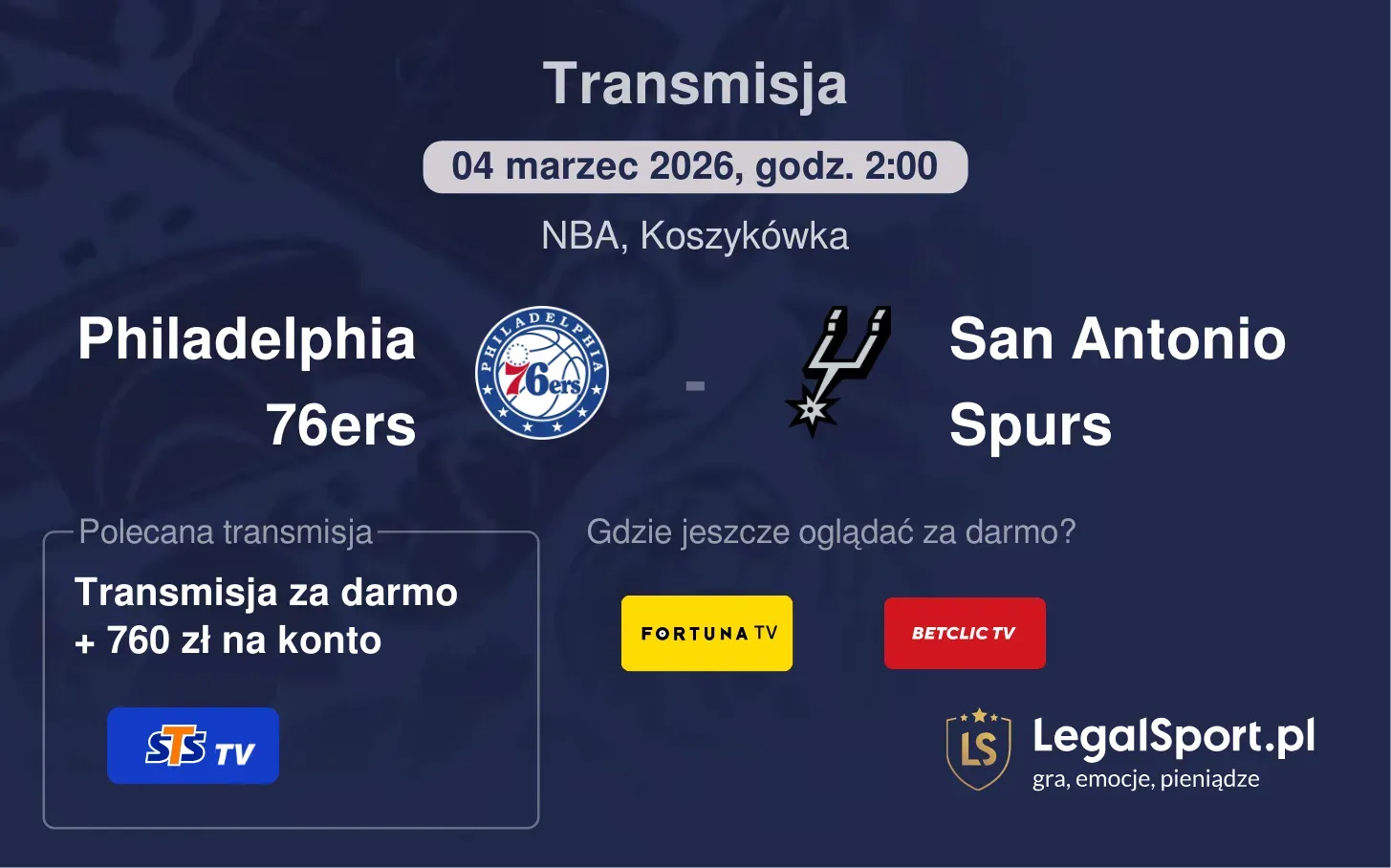 Philadelphia 76ers - San Antonio Spurs Transmisje