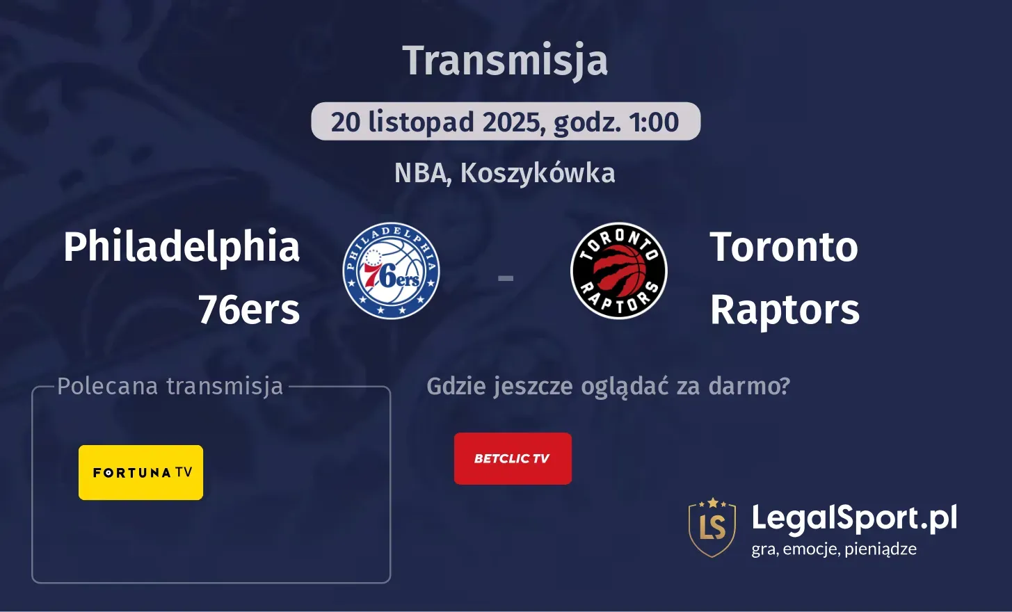 Philadelphia 76ers - Toronto Raptors Transmisje