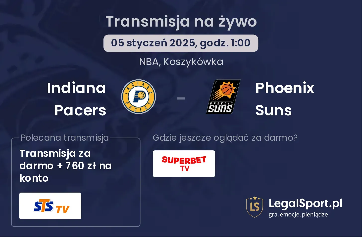 Phoenix Suns - Indiana Pacers transmisja na żywo
