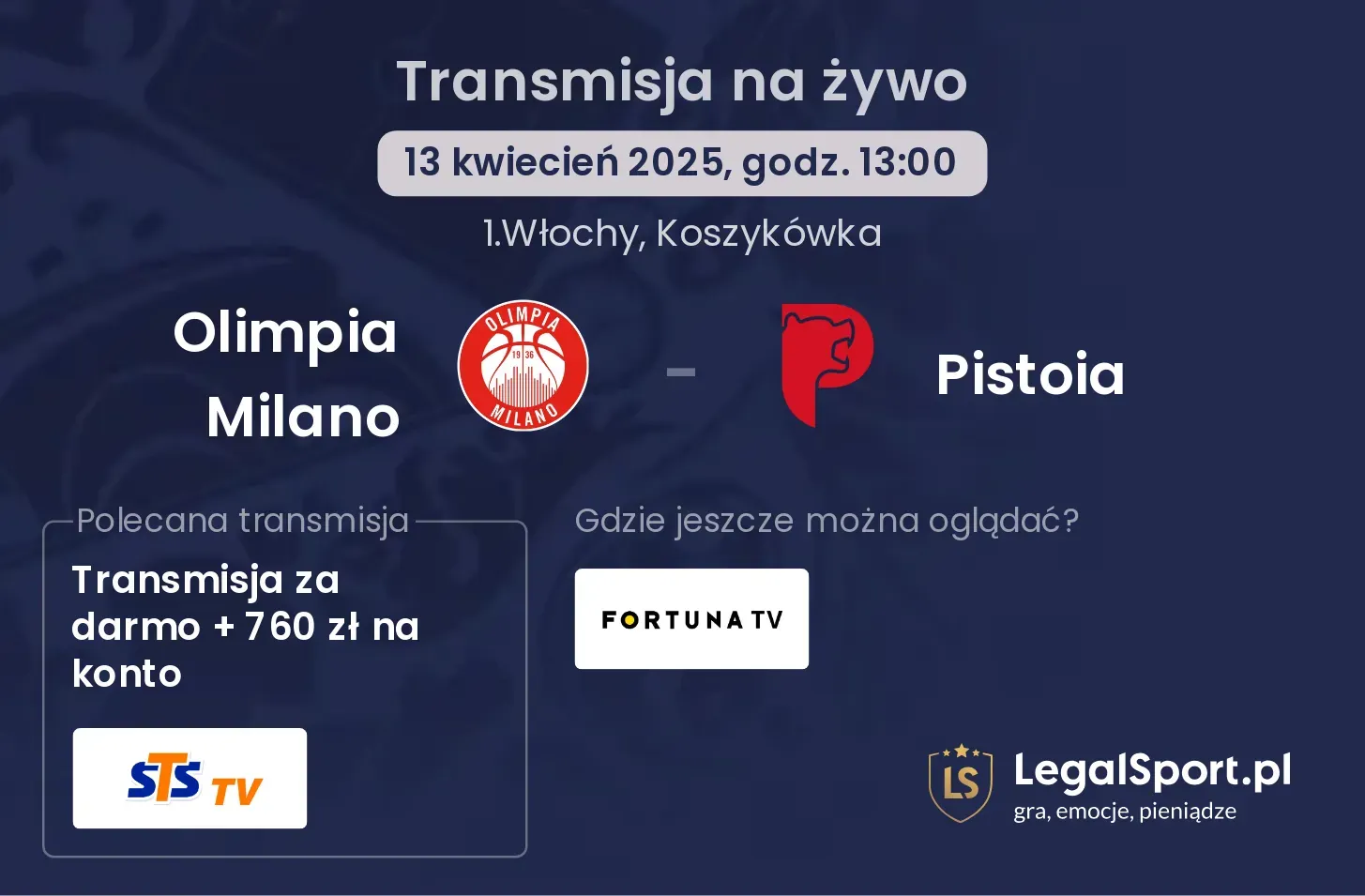 Olimpia Milano - Pistoia gdzie oglądać?