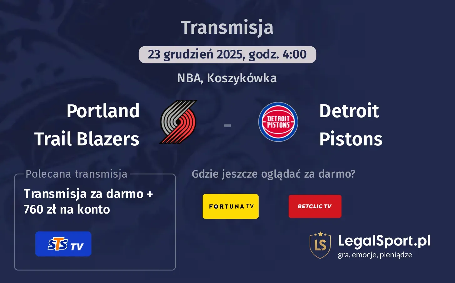 Portland Trail Blazers - Detroit Pistons Transmisje