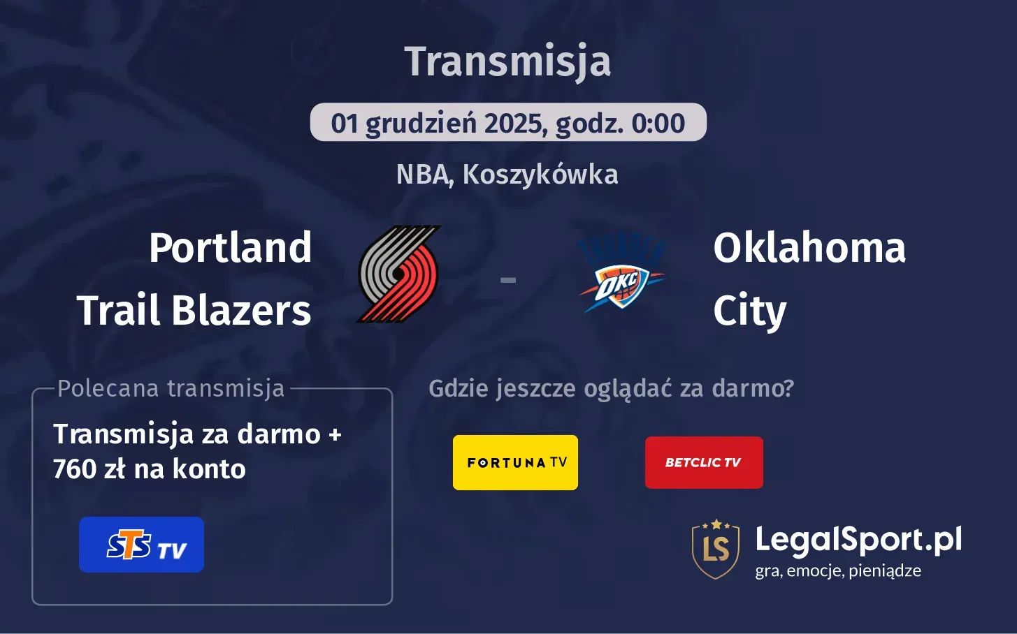 Portland Trail Blazers - Oklahoma City Transmisje