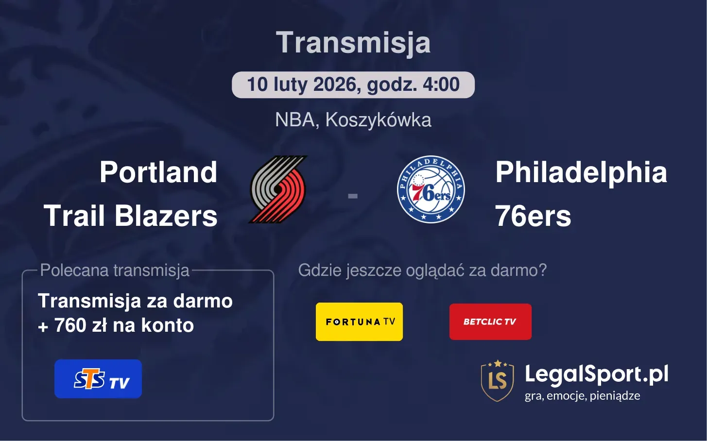 Portland Trail Blazers - Philadelphia 76ers Transmisje