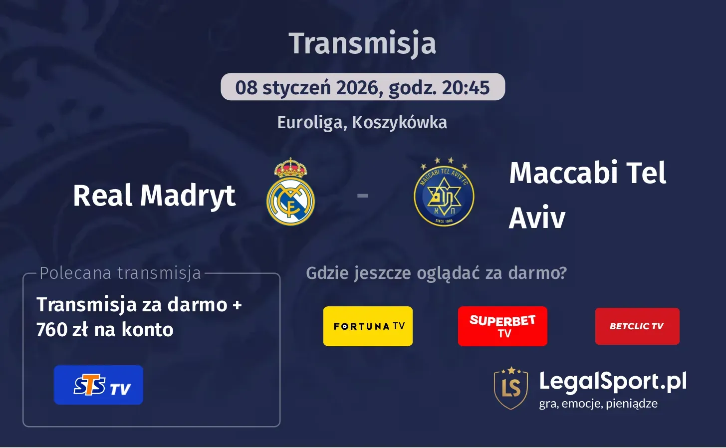 Real Madryt - Maccabi Tel Aviv Transmisje