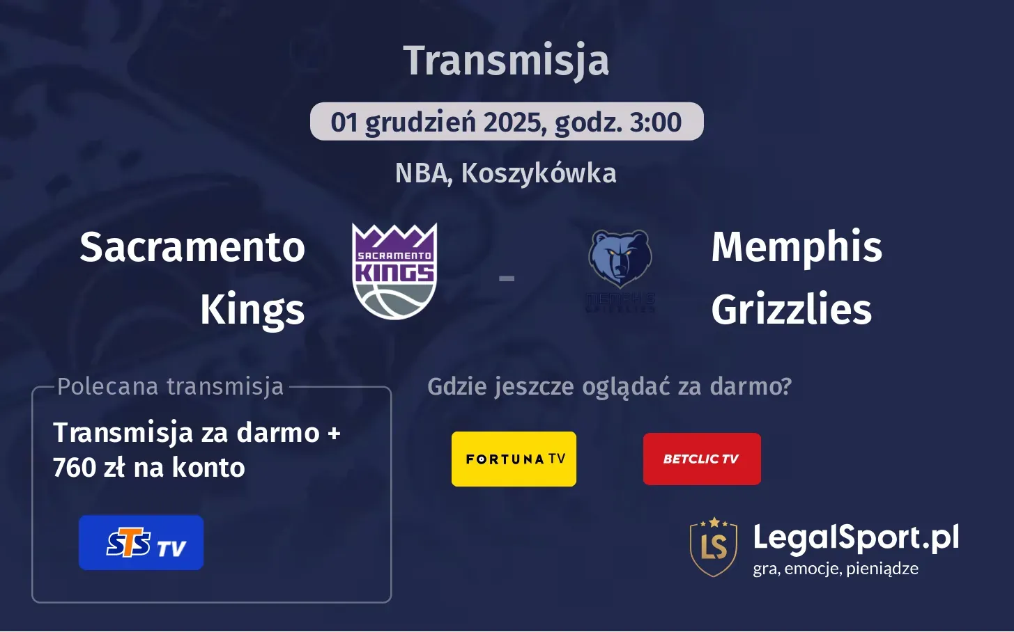 Sacramento Kings - Memphis Grizzlies Transmisje