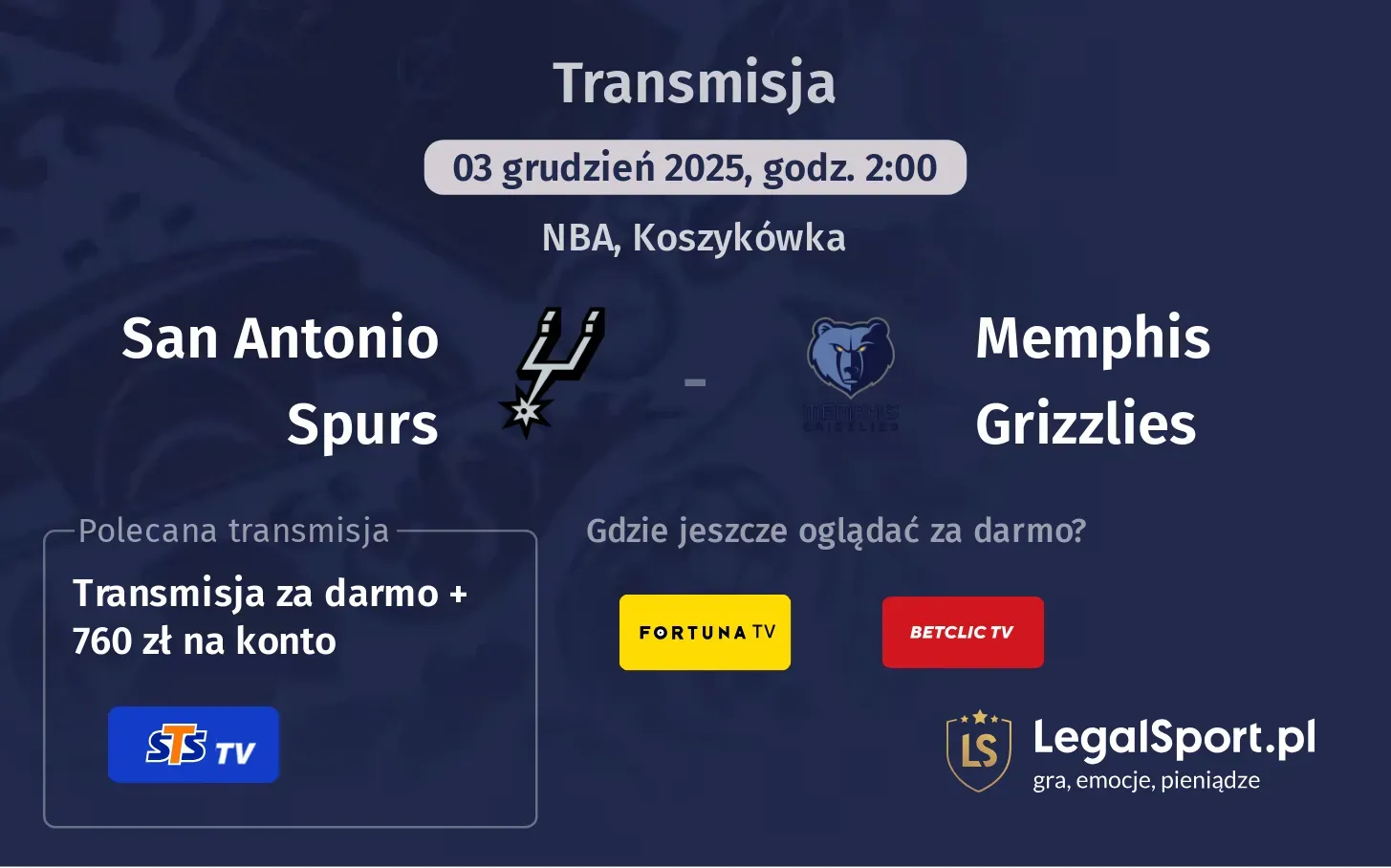 San Antonio Spurs - Memphis Grizzlies Transmisje