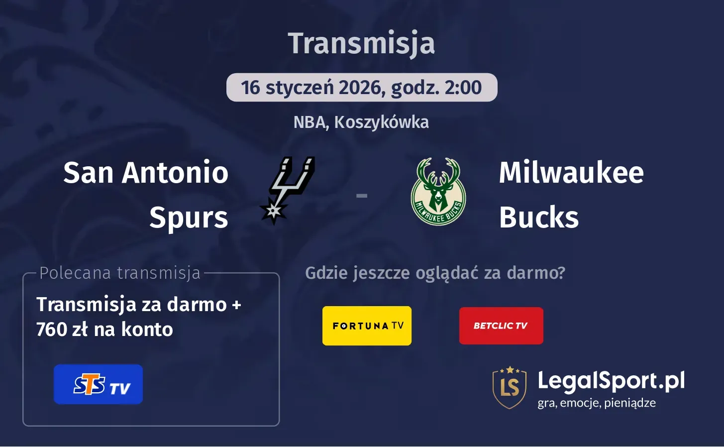 San Antonio Spurs - Milwaukee Bucks Transmisje