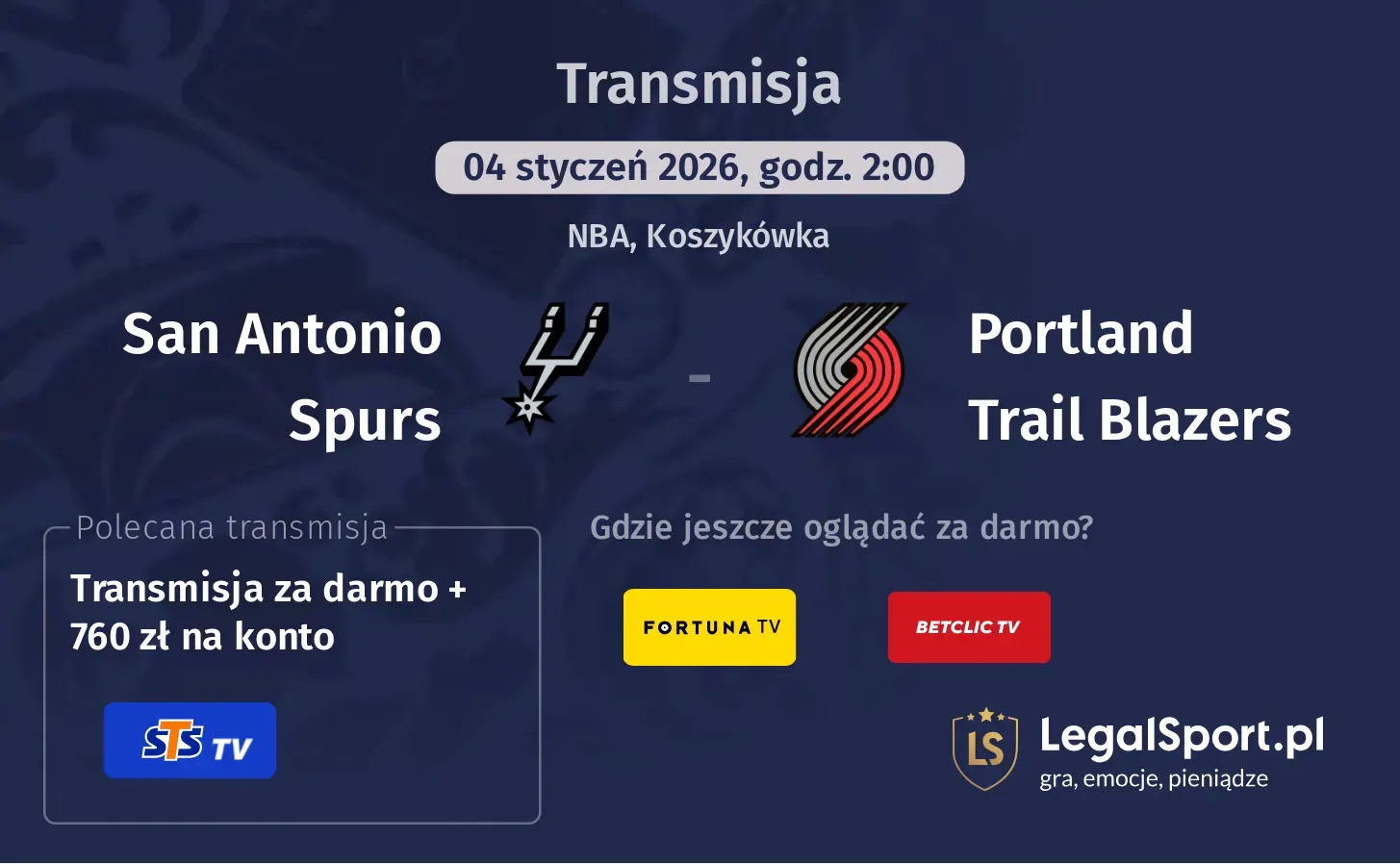 San Antonio Spurs - Portland Trail Blazers Transmisje