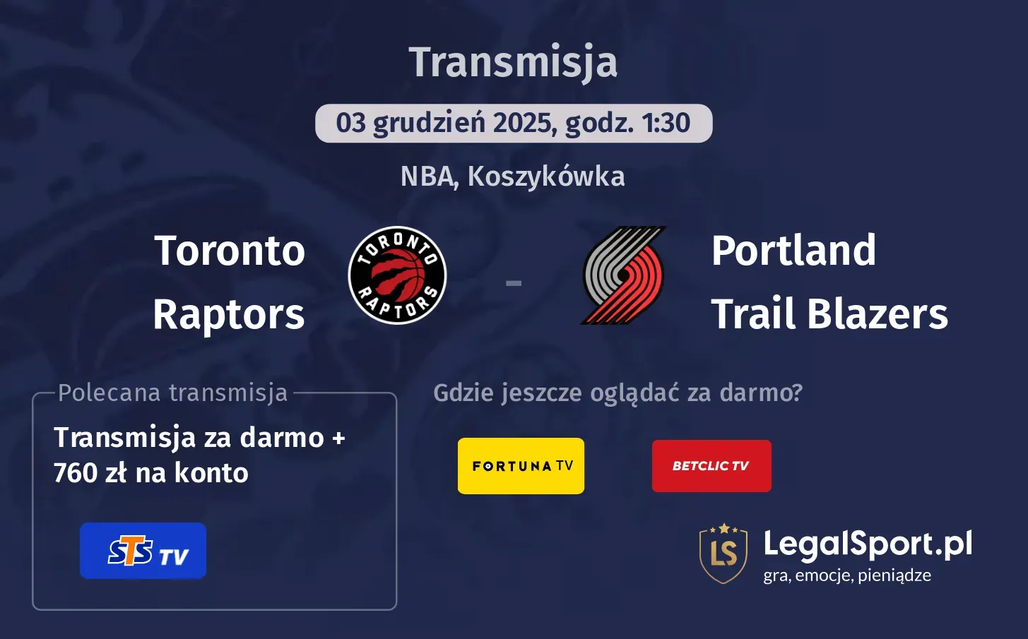 Toronto Raptors - Portland Trail Blazers Transmisje