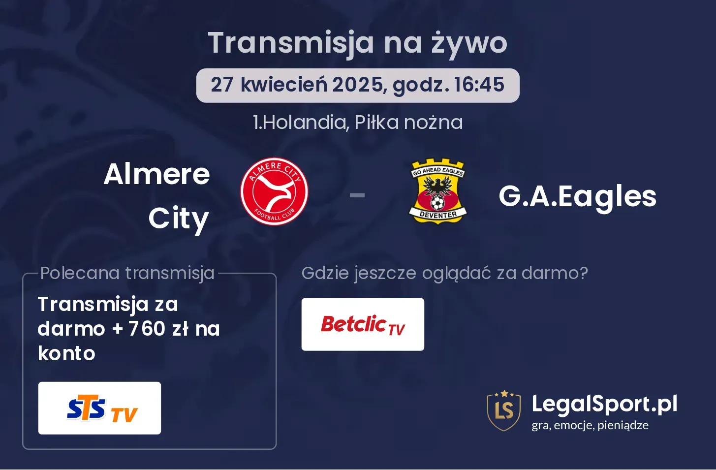 Almere City - G.A.Eagles gdzie oglądać?