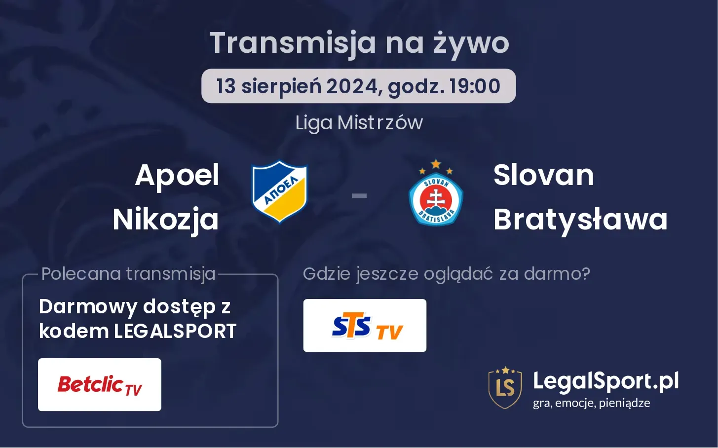 Apoel Nikozja - Slovan Bratysława gdzie oglądać za darmo? (13.08, godz. 19:00)