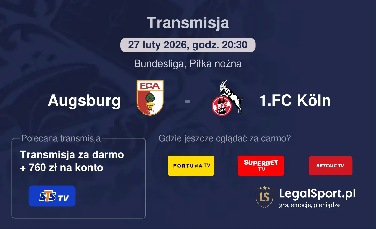 Augsburg - 1.FC Köln Transmisje