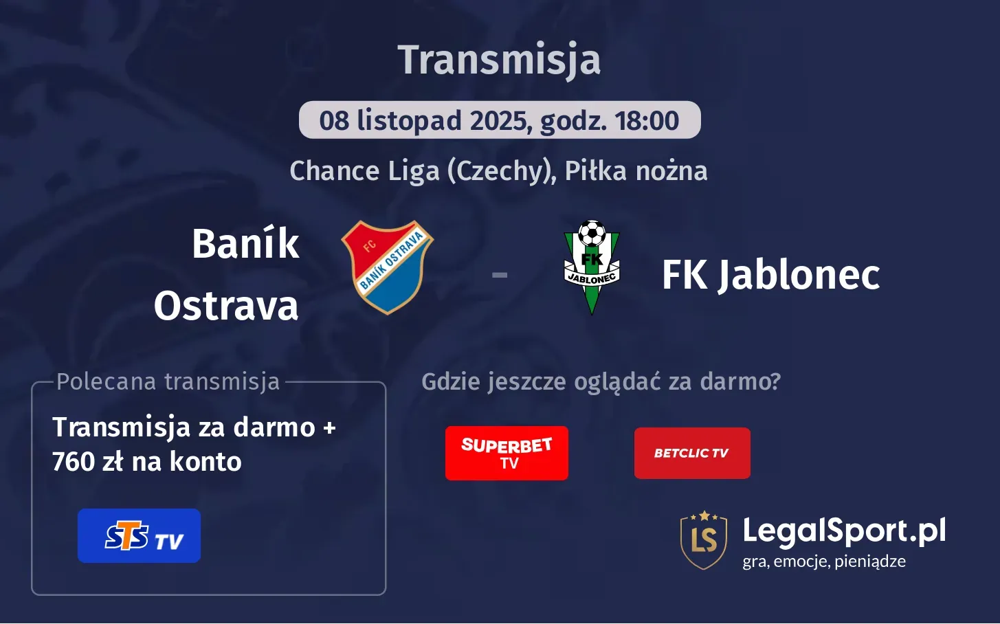 Baník Ostrava - FK Jablonec Transmisje