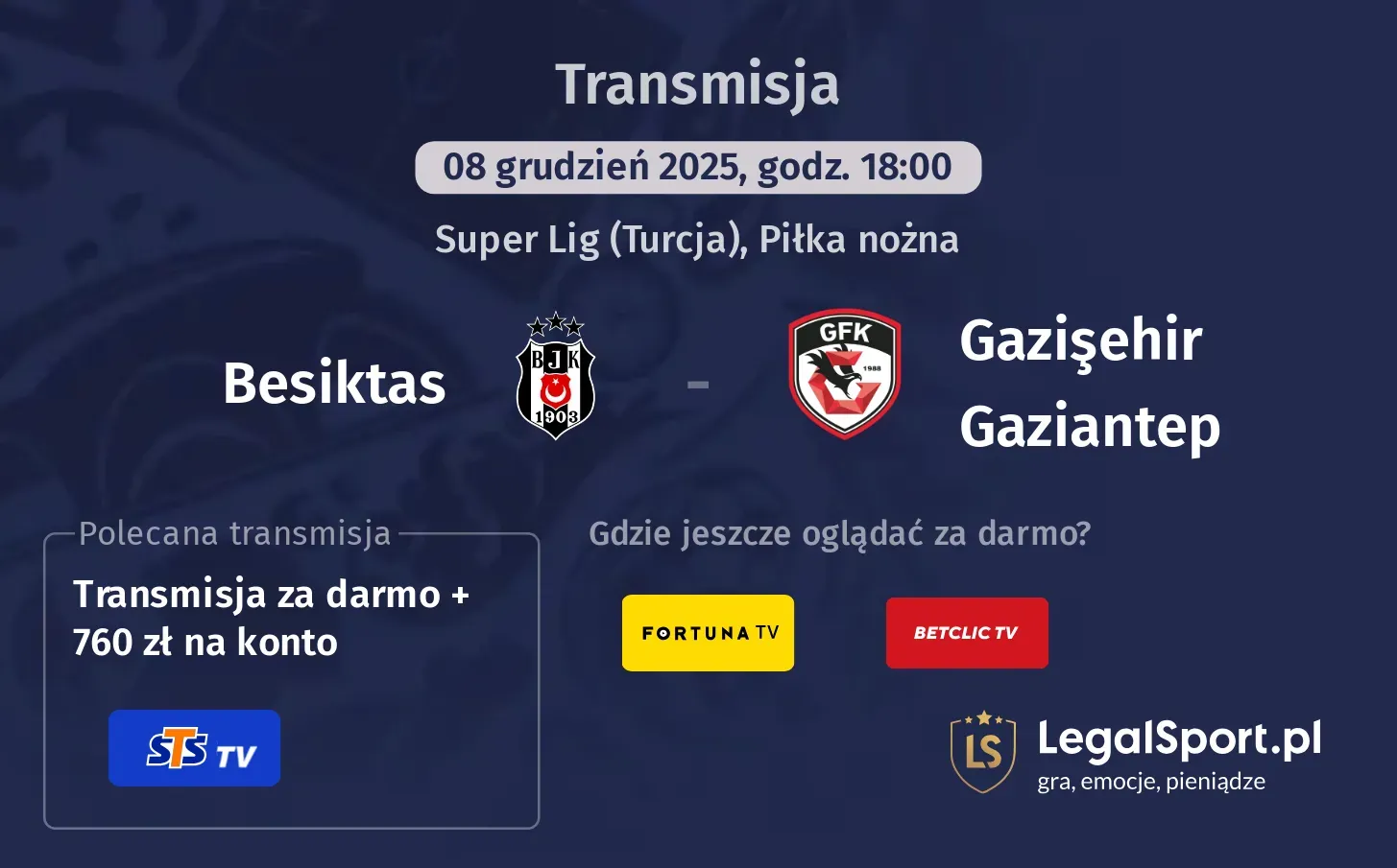 Besiktas - Gazişehir Gaziantep Transmisje