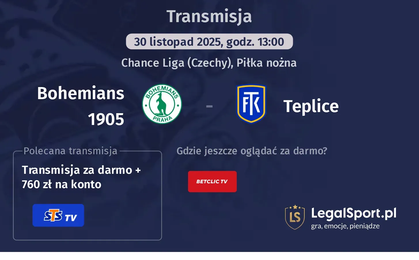 Bohemians 1905 - Teplice Transmisje