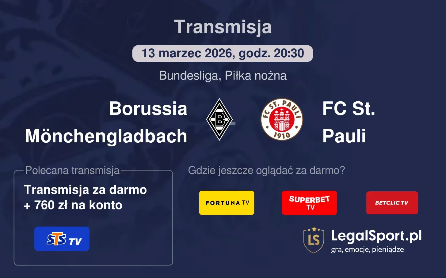 Borussia Mönchengladbach - FC St. Pauli Transmisje