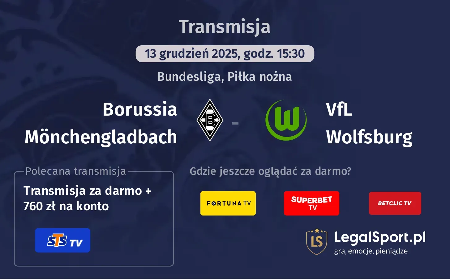 Borussia Mönchengladbach - VfL Wolfsburg Transmisje