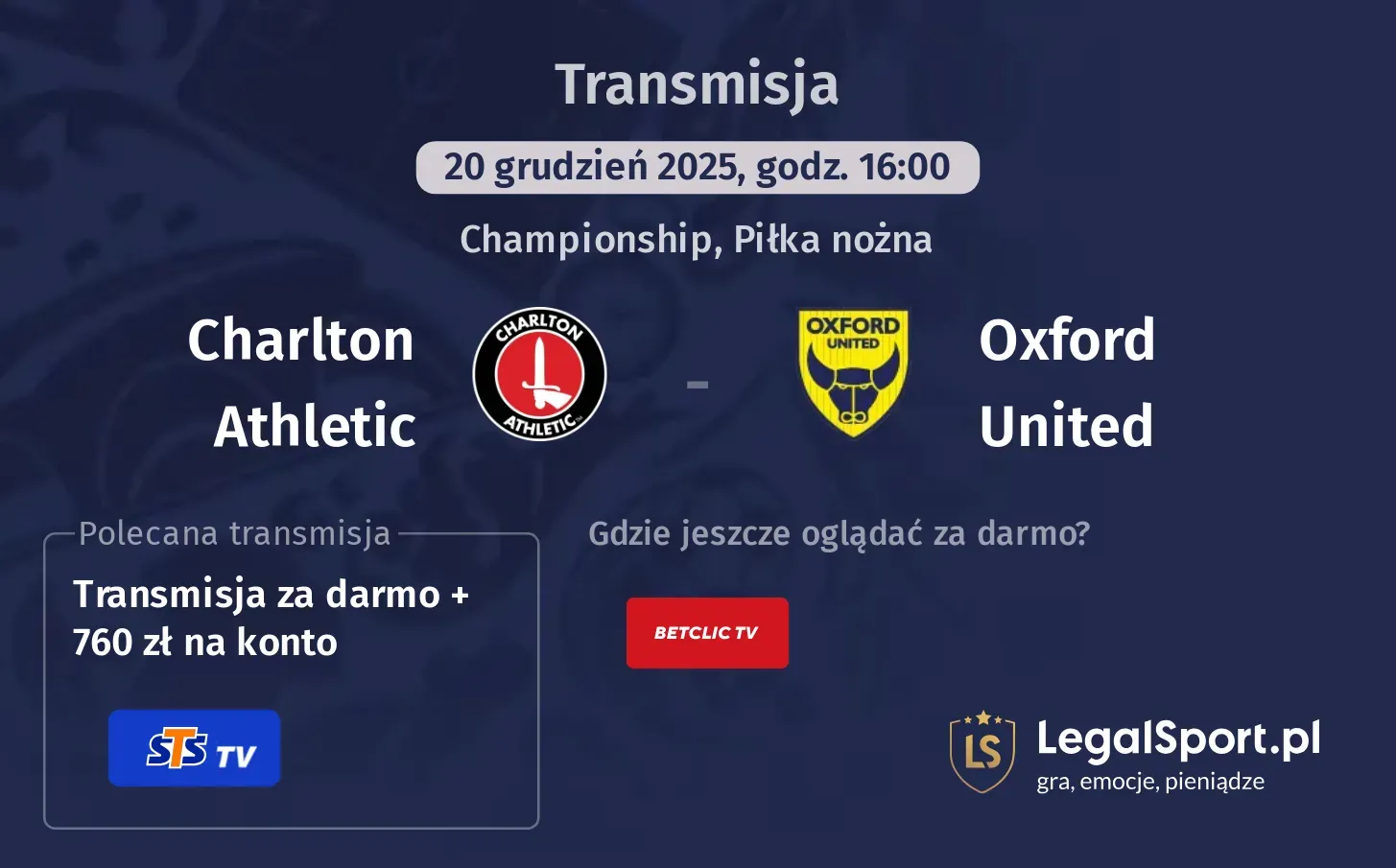 Charlton Athletic - Oxford United Transmisje