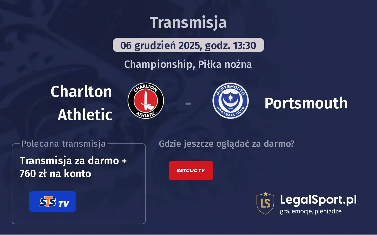 Charlton Athletic - Portsmouth Transmisje
