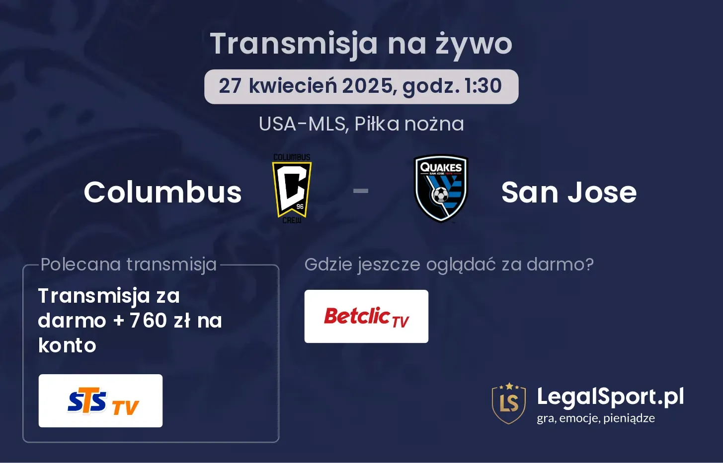 Columbus - San Jose gdzie oglądać?