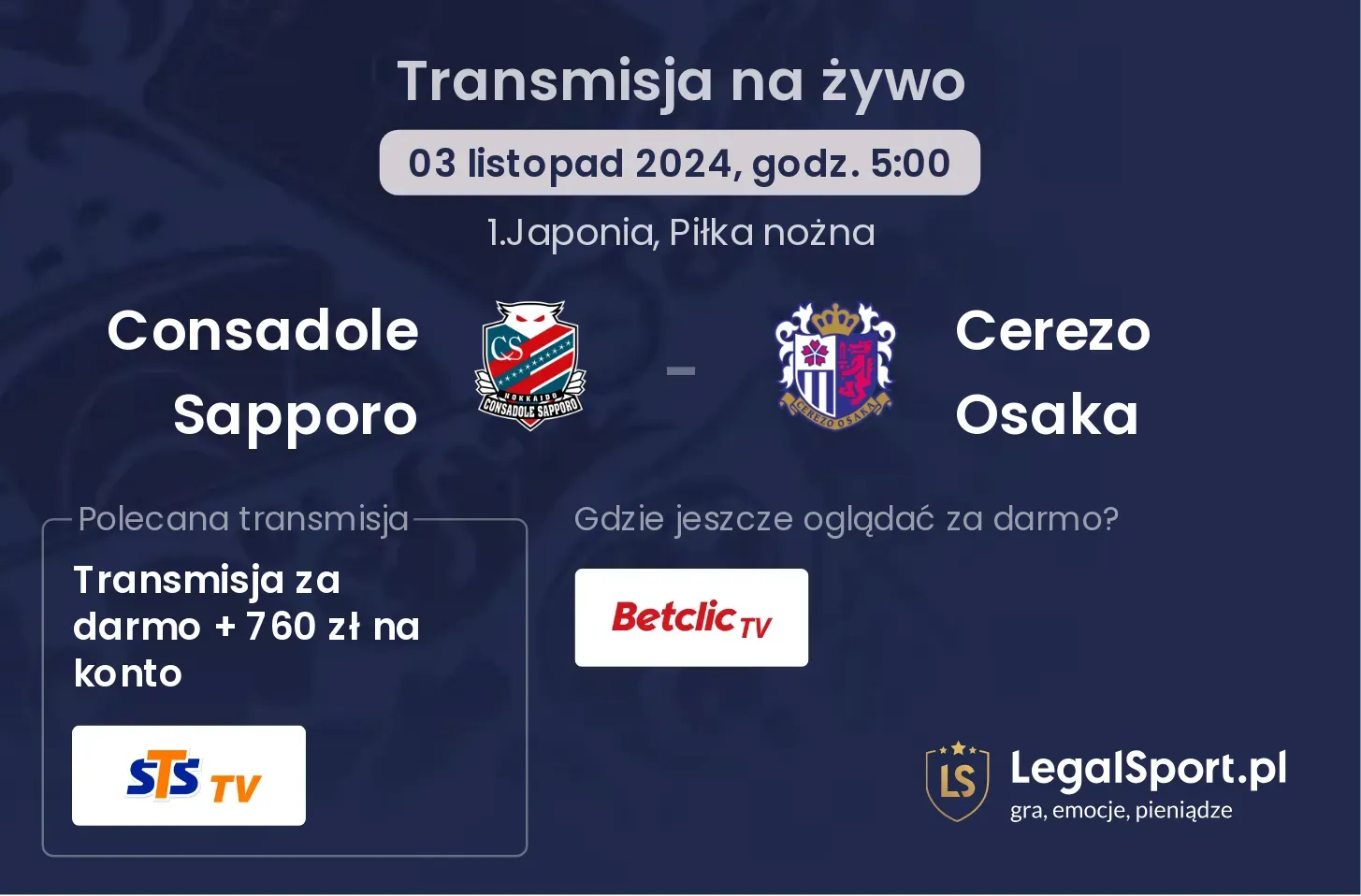 Consadole Sapporo - Cerezo Osaka gdzie oglądać? 03.11, godz. 05:00