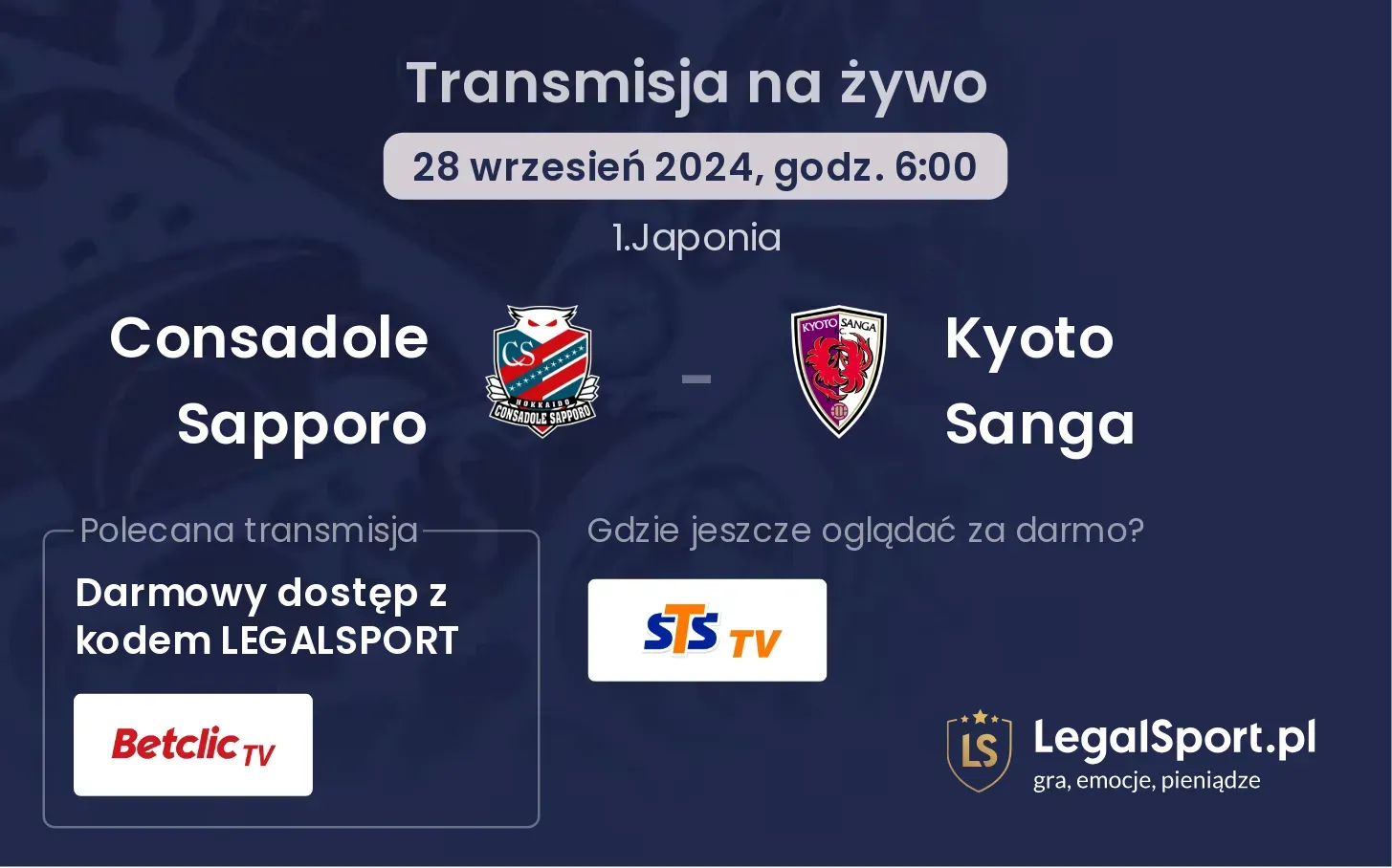Consadole Sapporo - Kyoto Sanga gdzie oglądać? 28.09, godz. 06:00