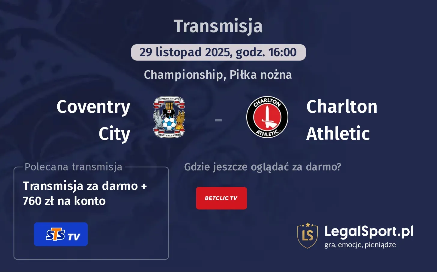 Coventry City - Charlton Athletic Transmisje