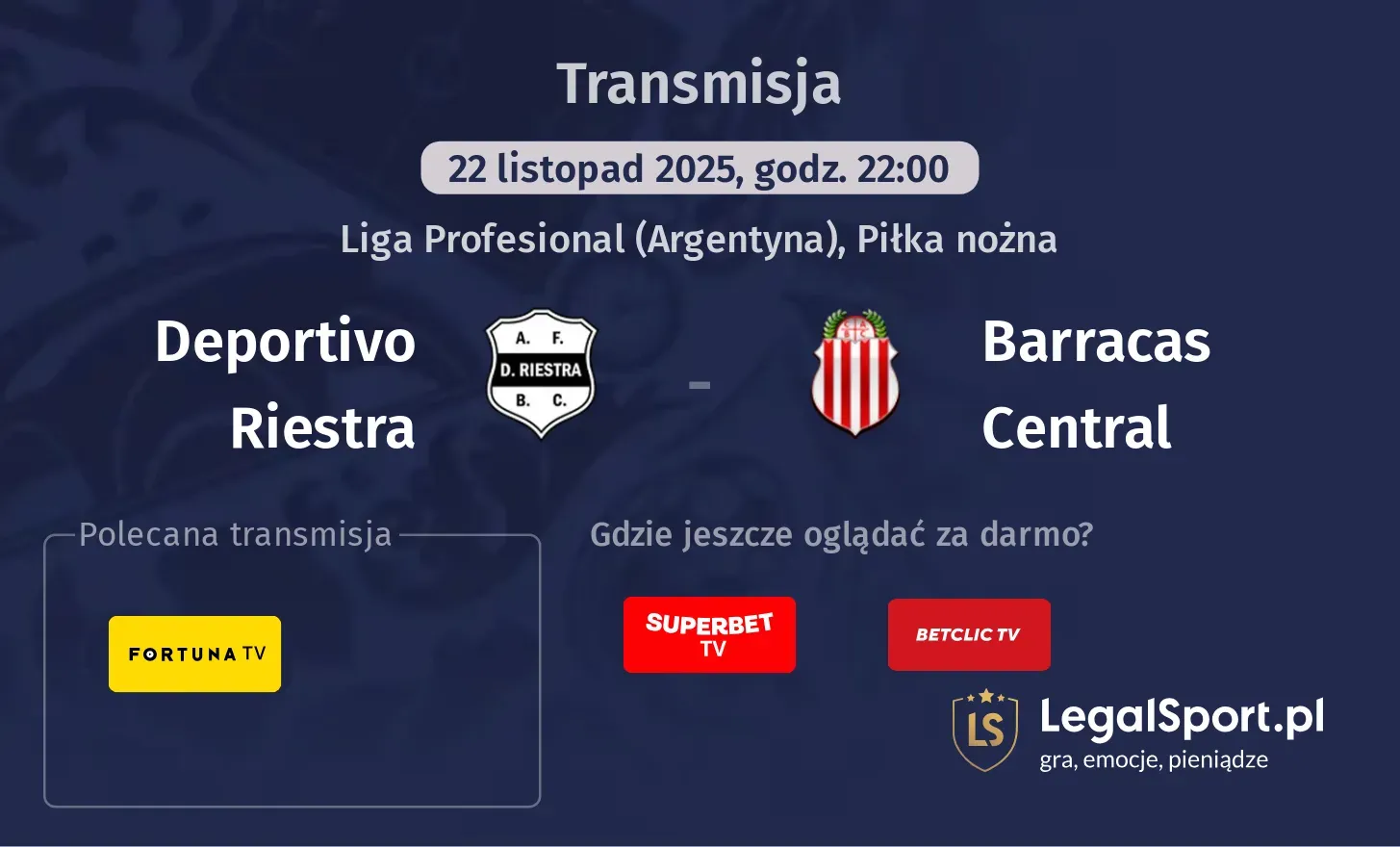 Deportivo Riestra - Barracas Central Transmisje