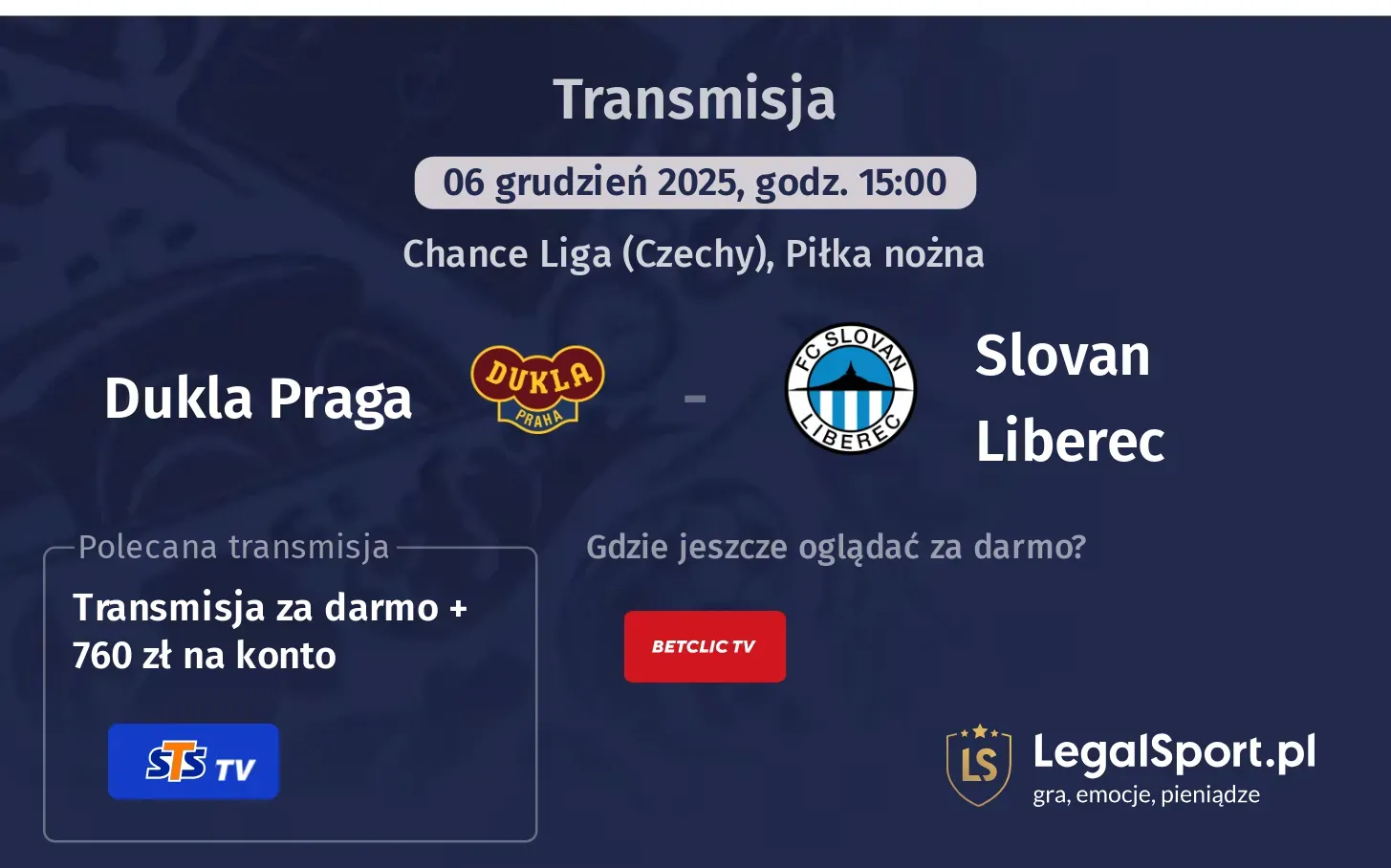Dukla Praga - Slovan Liberec Transmisje