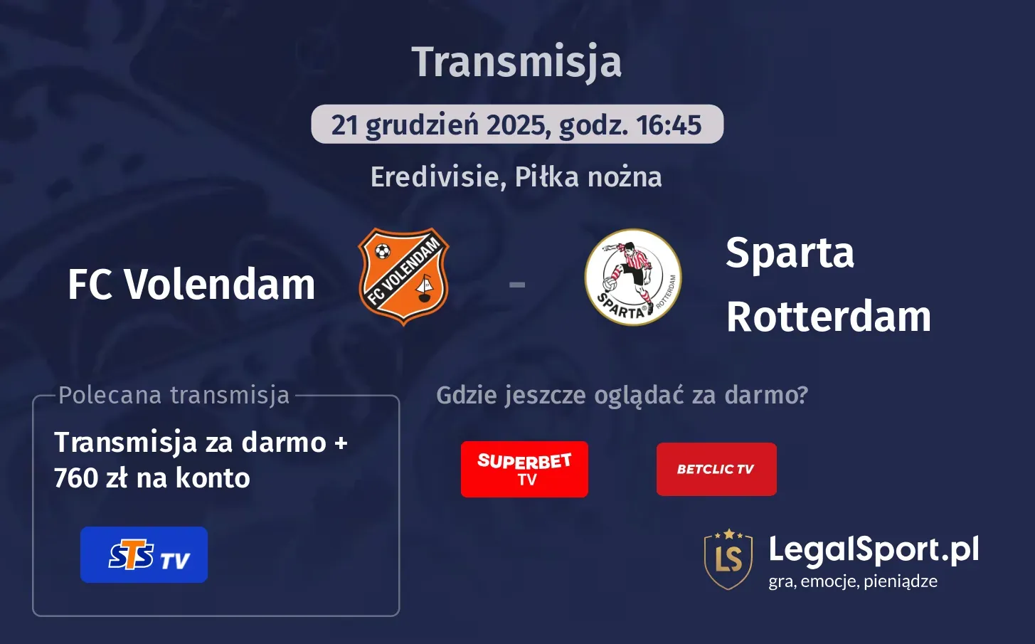 FC Volendam - Sparta Rotterdam Transmisje