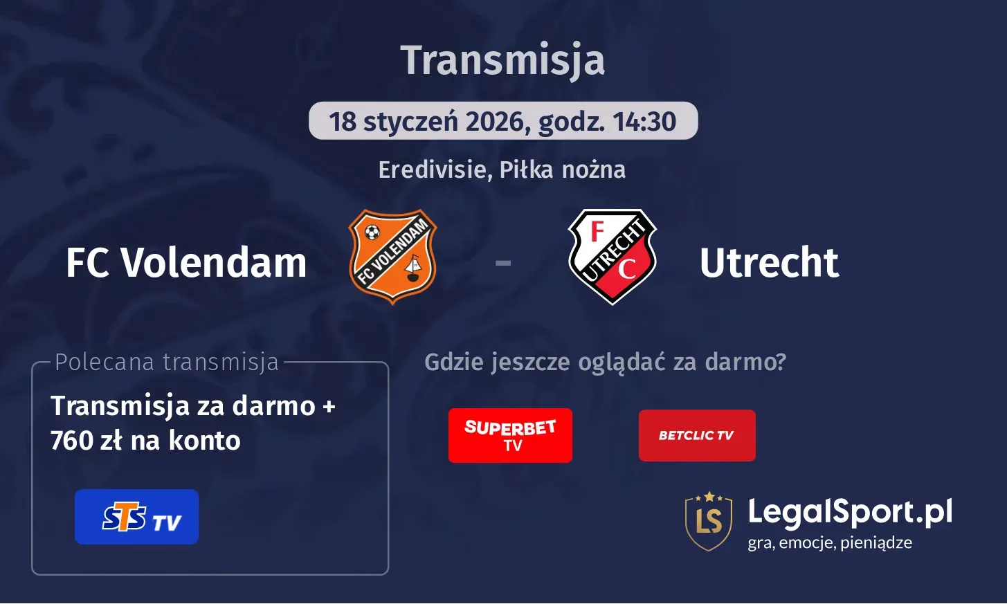 FC Volendam - Utrecht Transmisje