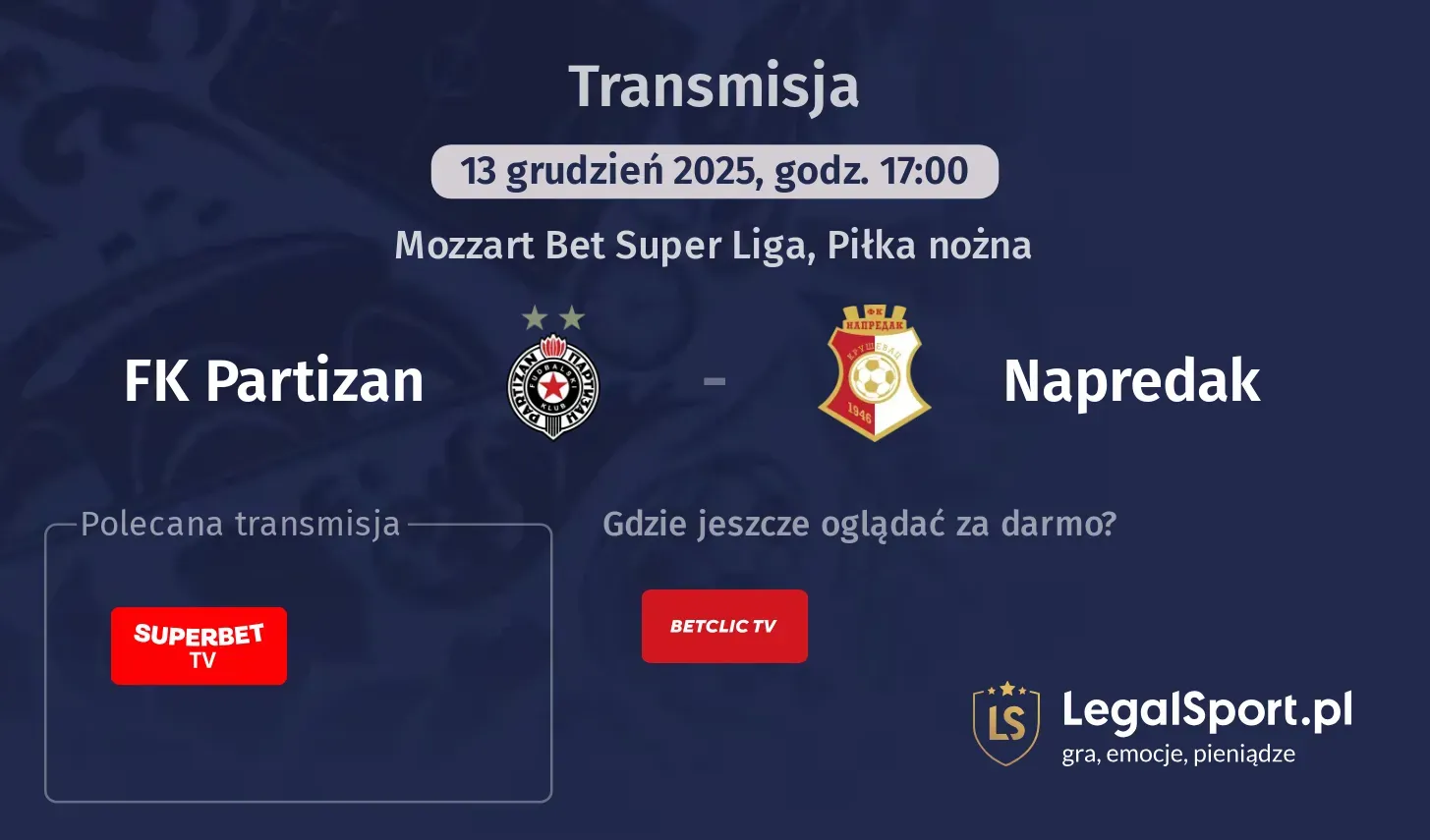 FK Partizan - Napredak Transmisje