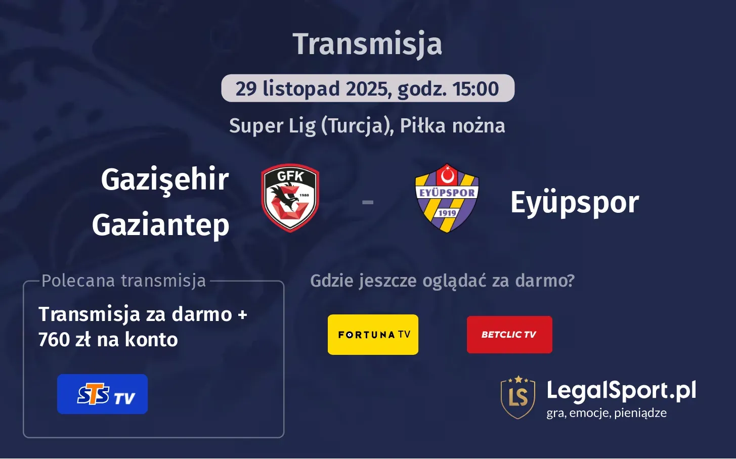 Gazişehir Gaziantep - Eyüpspor Transmisje