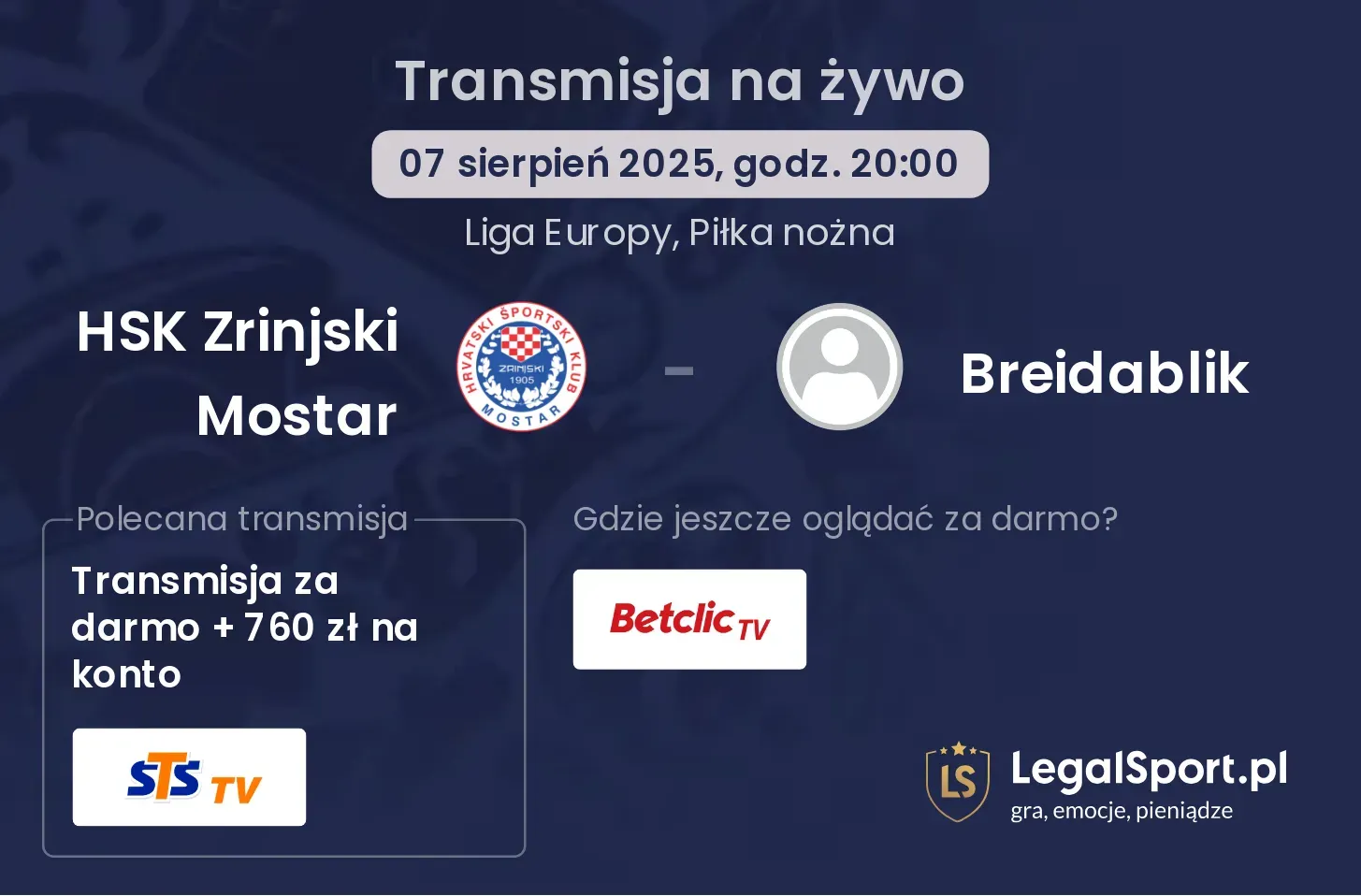 HSK Zrinjski Mostar - Breidablik transmisja na żywo