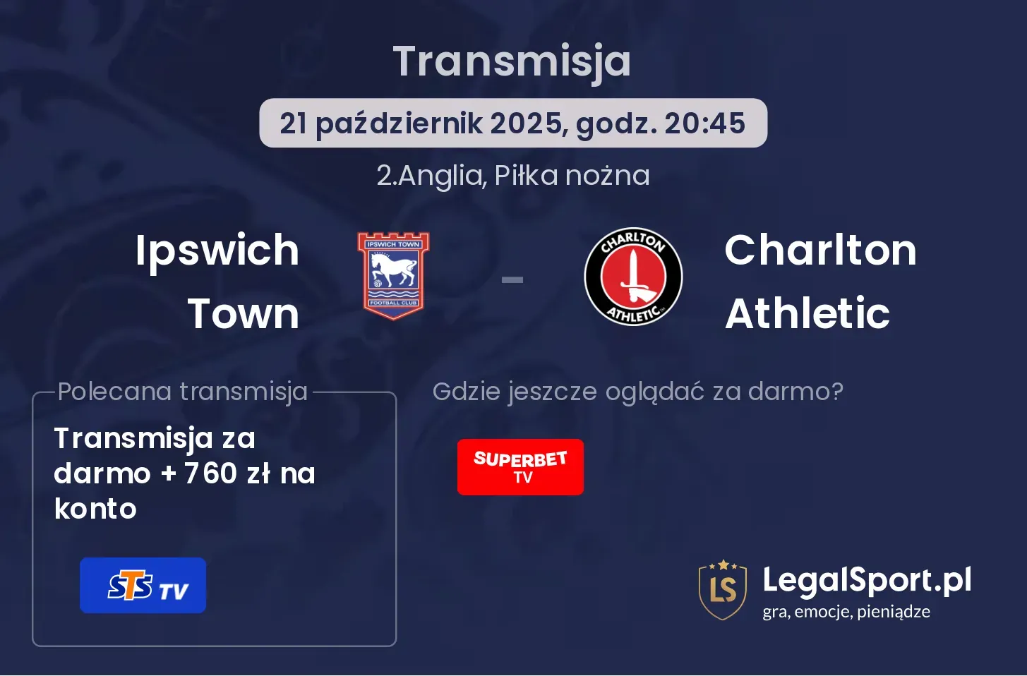 Ipswich Town - Charlton Athletic Transmisje