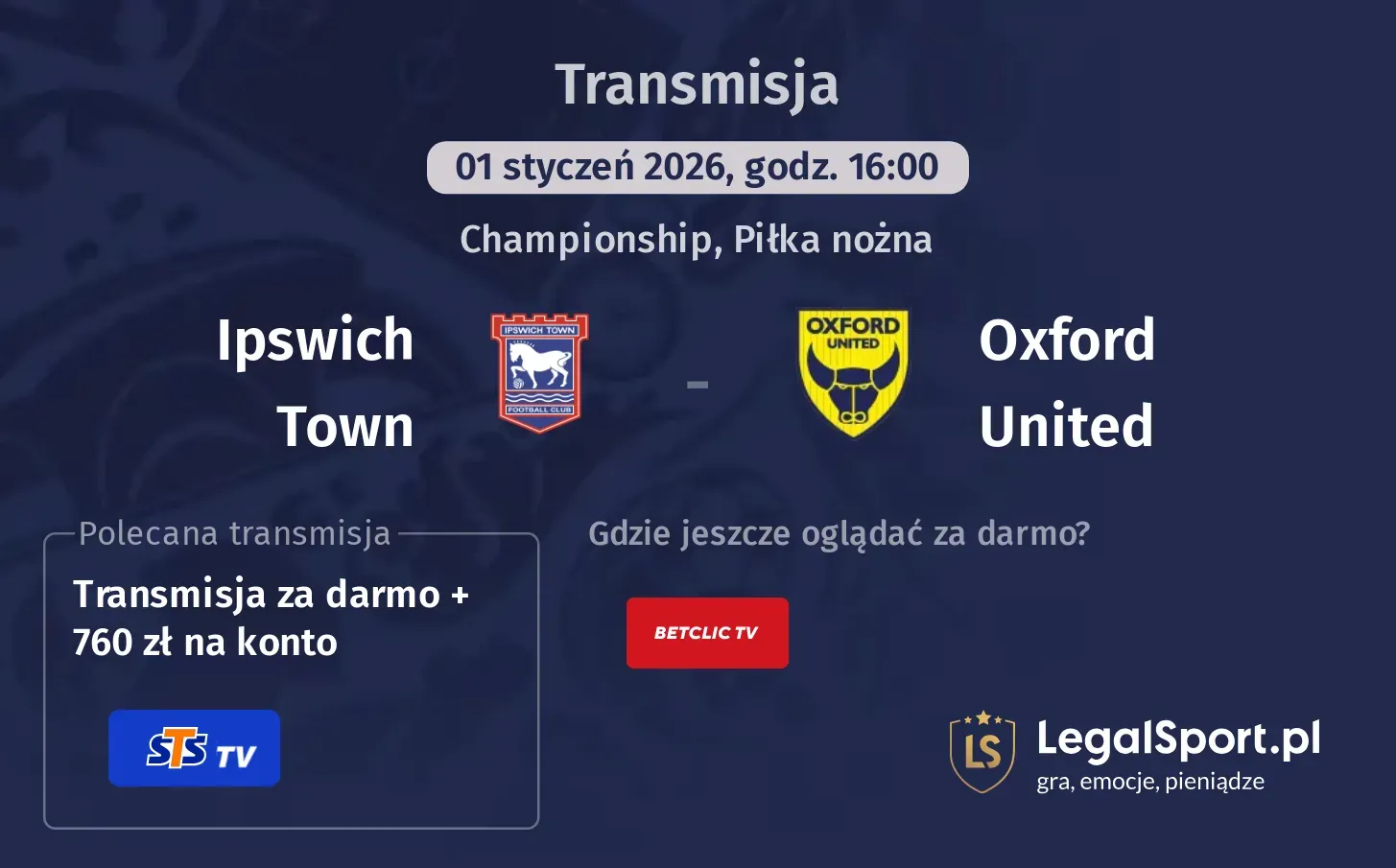 Ipswich Town - Oxford United Transmisje